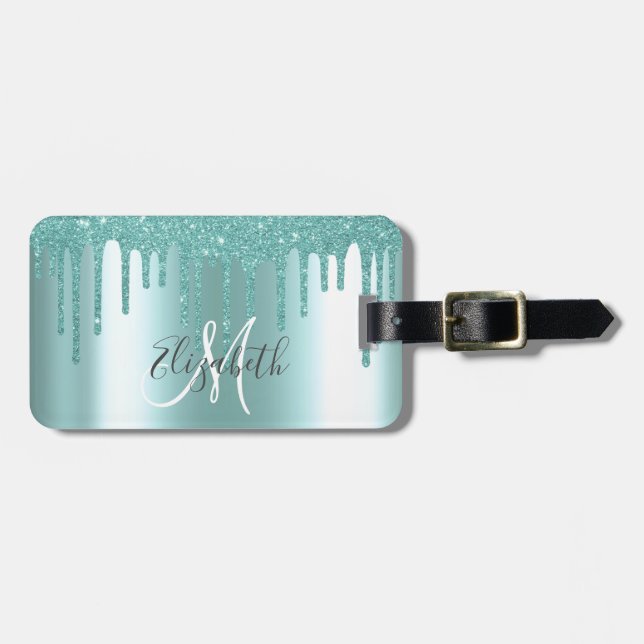 Aqua Drips Glitter Metal Monogram  Luggage Tag (Front Horizontal)