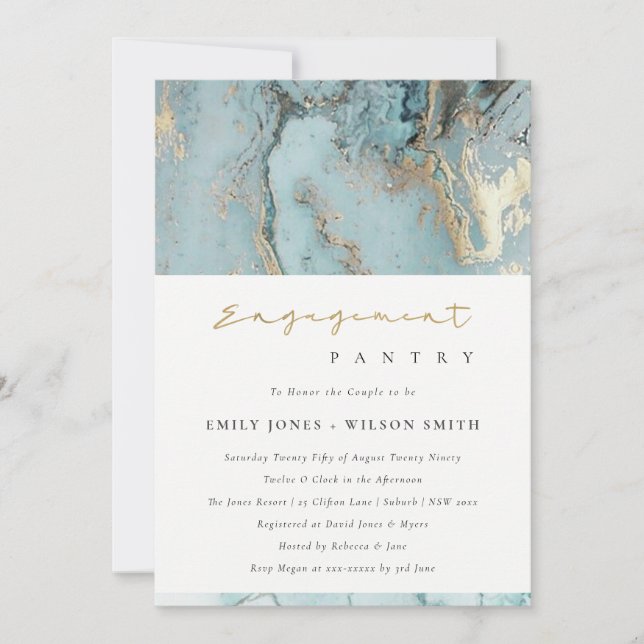AQUA DUSKY BLUE GOLD AGATE FIANÇAILLES INVITATION (Devant)