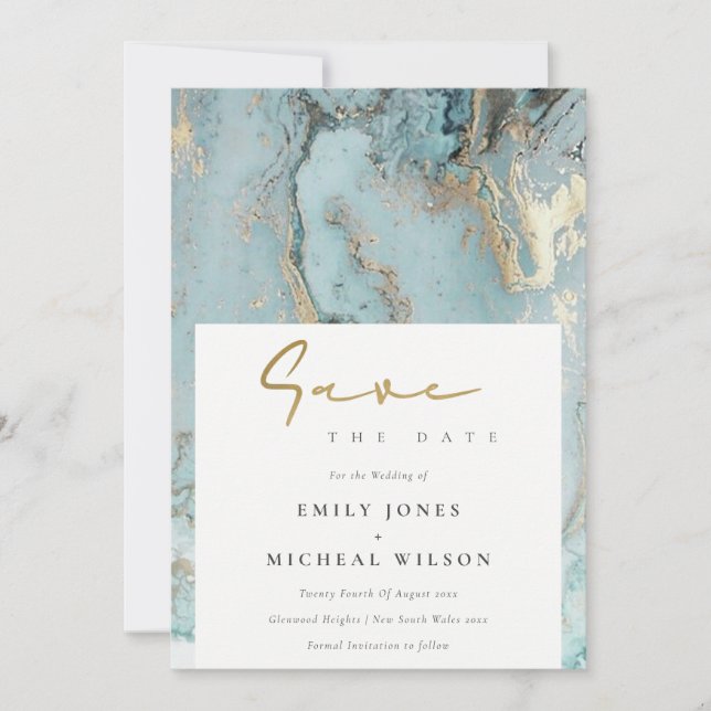 AQUA DUSKY BLUE GOLD AGATE SAVE THE DATE INVITE (Front)