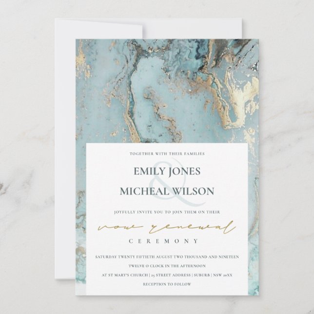 AQUA DUSKY BLUE GOLD AGATE VOW RENEWAL INVITE (Front)
