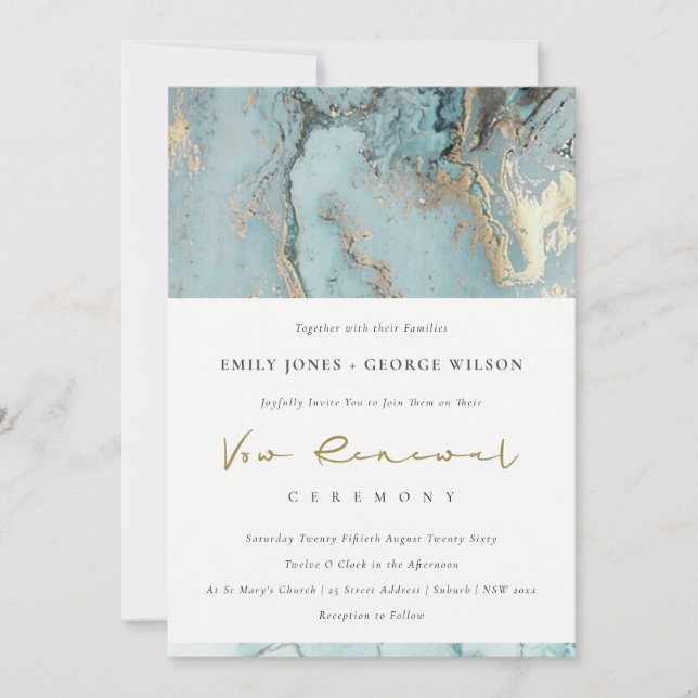 AQUA DUSKY BLUE GOLD AGATE VOW RENOWAL INVITATION (Devant)