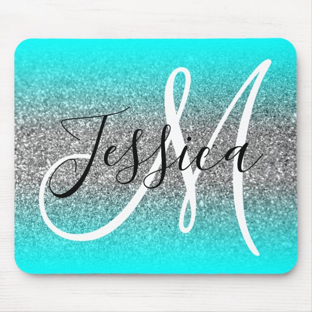 Aqua Edge Ombre Silver Glitter Monogram Mouse Pad (Front)