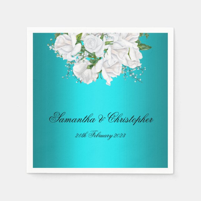 Aqua Elegance White Bridal Bouquet Wedding Napkin (Front)