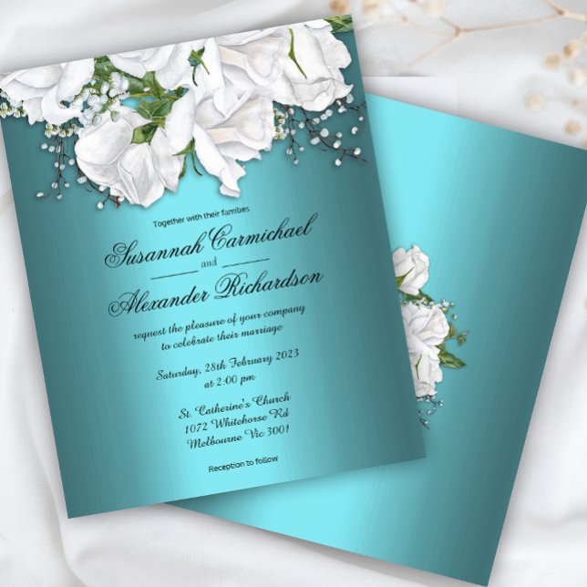 Aqua Elegance, White Roses Budget Wedding Invite Flyer (Creator Uploaded)