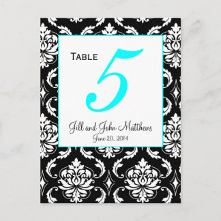 Aqua Elegant Damask Wedding Table Number Card