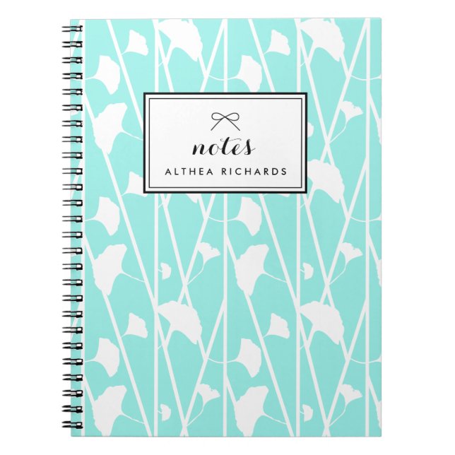 Aqua Elegant Floral Vines Pattern Personalized Notebook (Front)