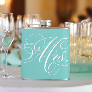 Aqua Elegant Script Future Mrs Hip Flask