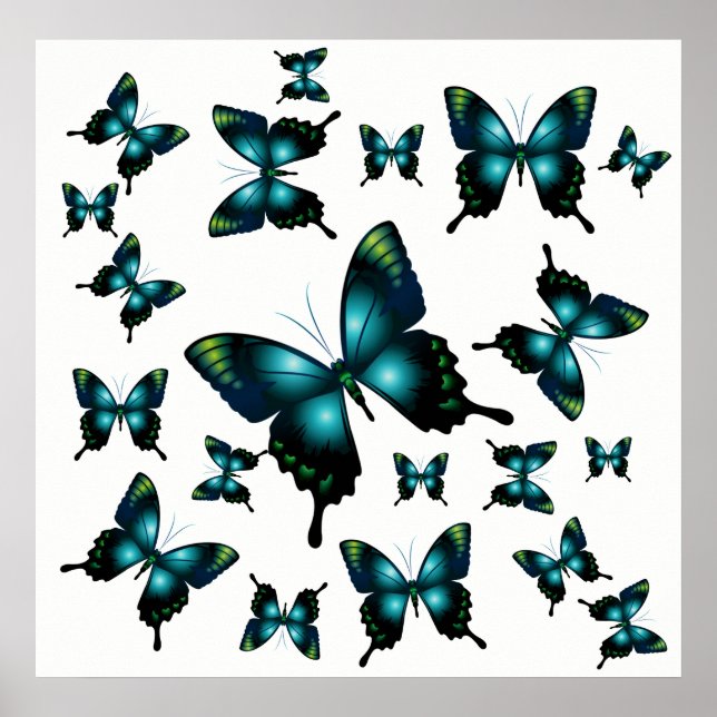 Aqua Elegant Whimsical  Butterflies Poster (Front)