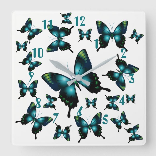 Aqua Elegant Whimsical Butterflies Square Wall Clock (Front)