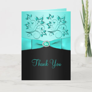 Aqua et Carte de remerciements Florale Noire