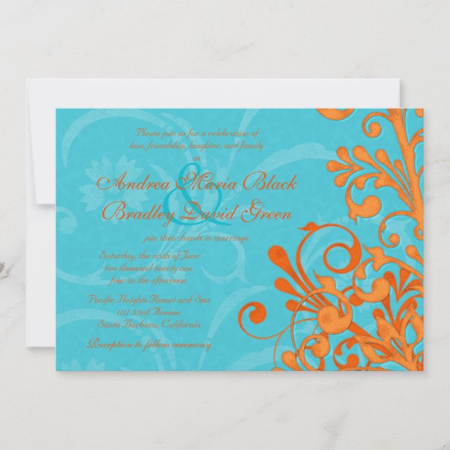 Aqua et Faire-part de mariage Floral Orange (Devant)
