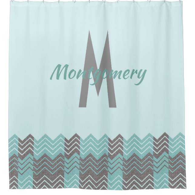 Aqua et Grey Chevron Monogramme rideau de douche (Devant)