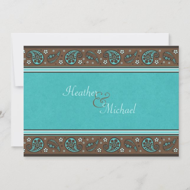 Aqua et Paisley Brown Faire-part de mariage (Devant)