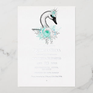 Aqua et Silver Swan Quinceañera Foil Invitation