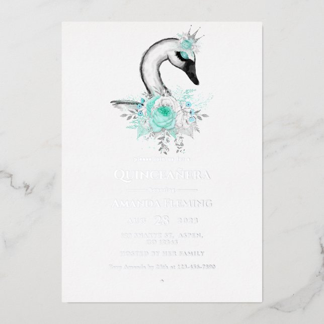 Aqua et Silver Swan Quinceañera Foil Invitation (Recto)