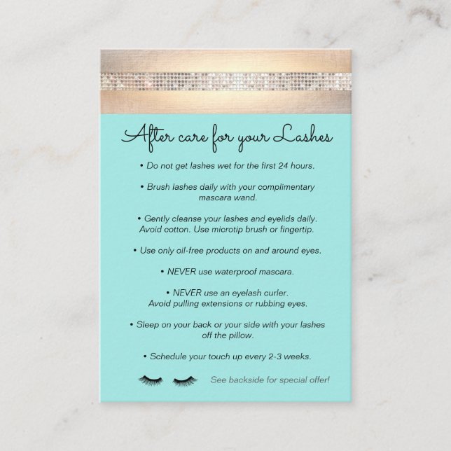 Aqua Eyelash Extensions Aftercare Instructions Referral Card (Front)
