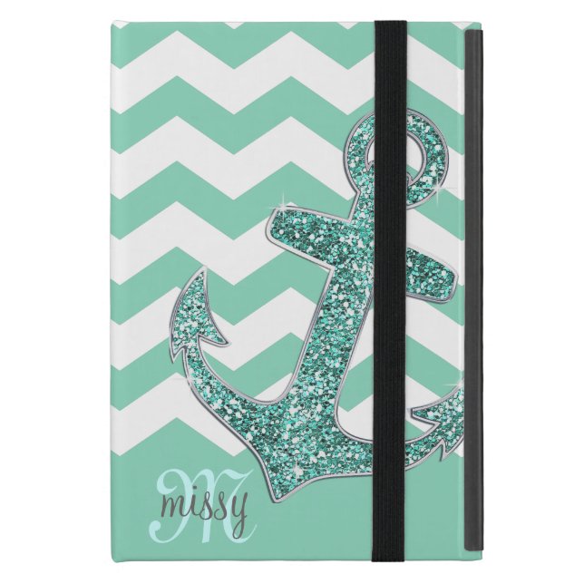 Aqua Faux Glitter Anchor Chevron Personalized Case For iPad Mini (Front Closed)