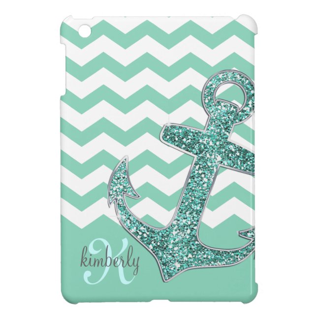 Aqua Faux Glitter Anchor Chevron Personalized iPad Mini Case (Back)