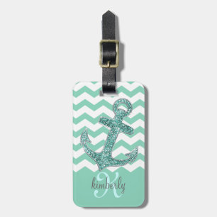 Aqua Faux Glitter Anchor Chevron Personalized Luggage Tag