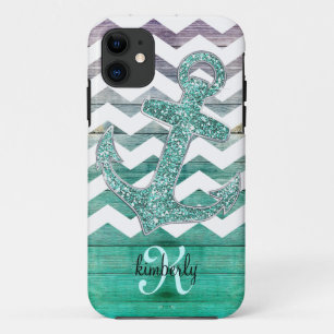 Aqua Faux Glitter Anchor Wood Chevron Personalized iPhone 11 Case