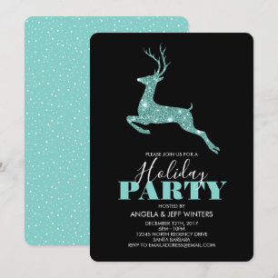 Aqua Faux Glitter Deer Holiday Party Invitation