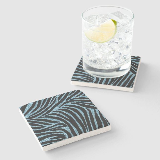 Aqua Faux Glitter Zebra Print Stone Coaster (Side)