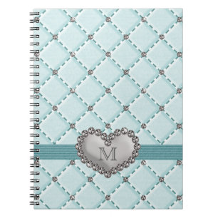 Aqua Faux Quilted Rhinestone Heart Spiral Notebook