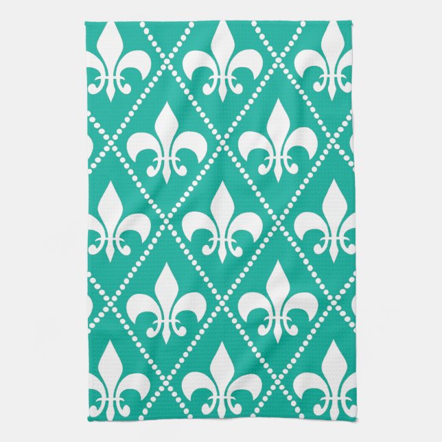 Aqua Fleur de Lis Kitchen Towel (Vertical)