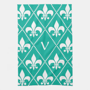 Aqua Fleur de Lis with monogram initial Kitchen Towel