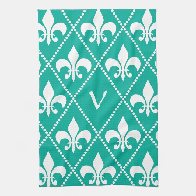Aqua Fleur de Lis with monogram initial Kitchen Towel (Vertical)