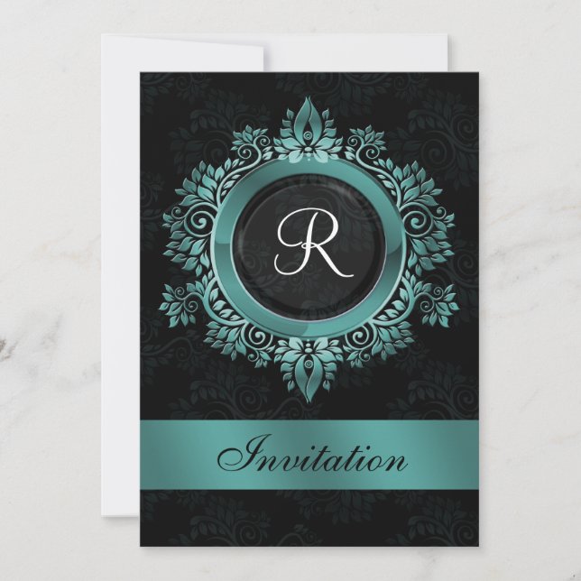 aqua fleurie monogramme élégant mariage Invitation (Devant)