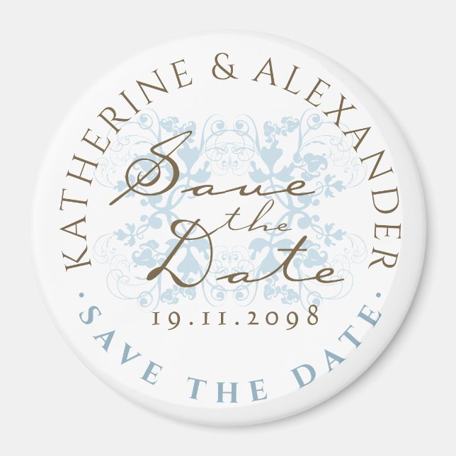 Aqua Floral Flourish Save The Date Custom Magnet (Front)