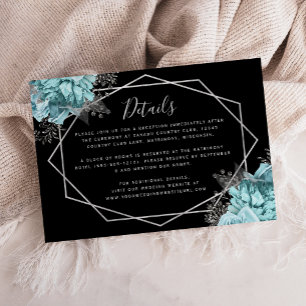 Aqua Floral Silver Black Wedding Details Enclosure Card