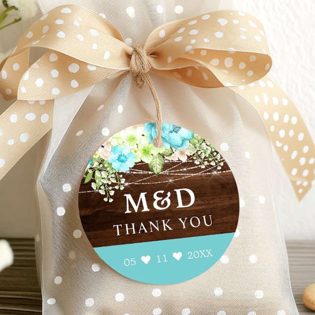 Aqua Floral String Lights Rustic Thank You Wedding Favour Tags (Creator Uploaded)