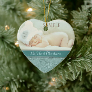 Aqua Floral Swirl Baby First Christmas Ceramic Ornament
