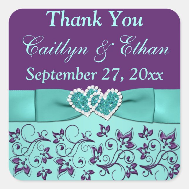 Aqua, Floral Violet, Coeurs Mariage Favor Sticker (Devant)
