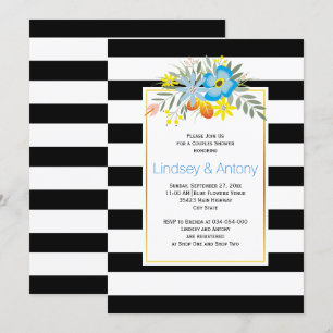 Aqua flowers and stripes wedding couple's shower invitation