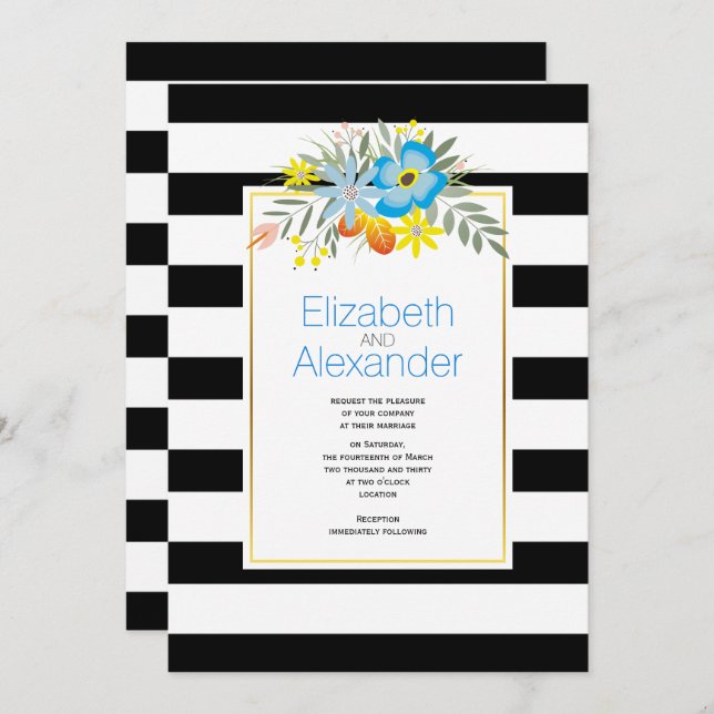 Aqua flowers, black white stripes floral wedding invitation (Front/Back)