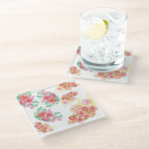 Aqua flowers glass coaster