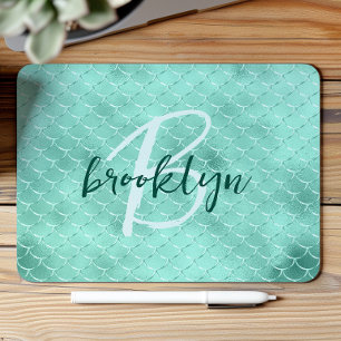 Aqua Foil Mermaid Fish Scales Script Monogram  Mouse Pad