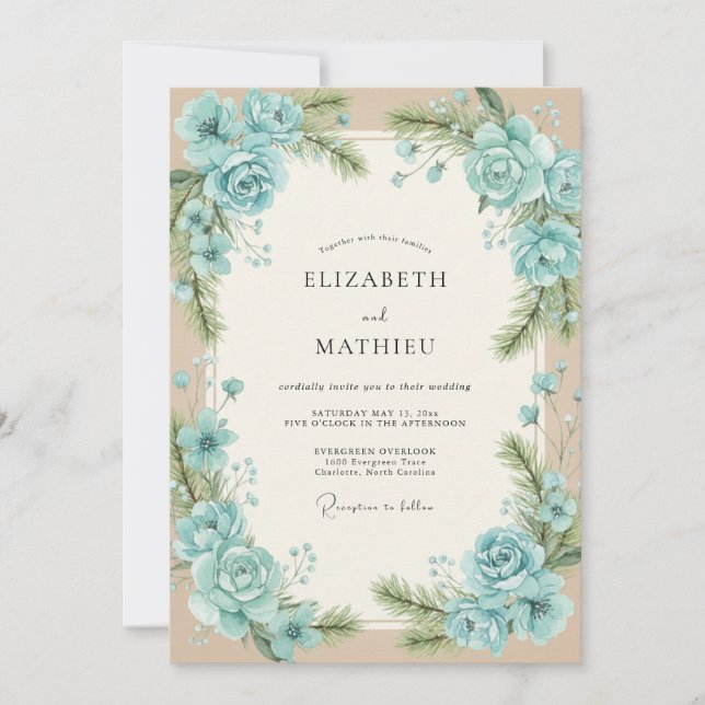 Aqua Foliage Beige Eucalyptus Wedding Invitation (Front)