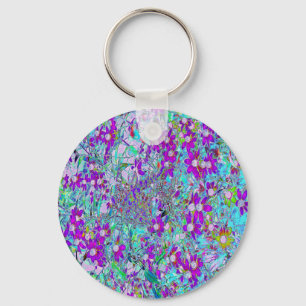 Aqua Garden with Violet Blue and Hot Pink Flowers Keychain