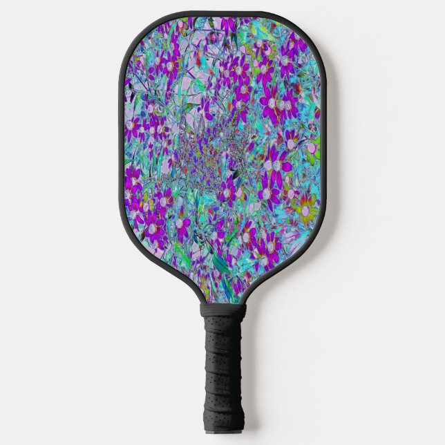 Aqua Garden with Violet Blue and Hot Pink Flowers Pickleball Paddle (Front)