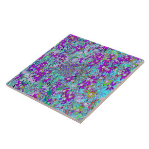 Aqua Garden with Violet Blue and Hot Pink Flowers Tile
