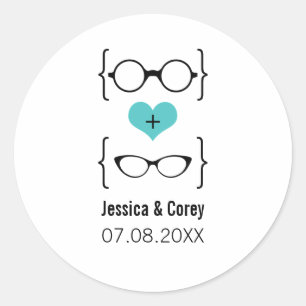 Aqua Geeky Glasses Wedding Stickers