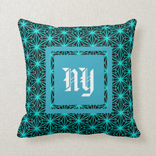 Aqua Geometric Flower Pattern On White Throw Pillow