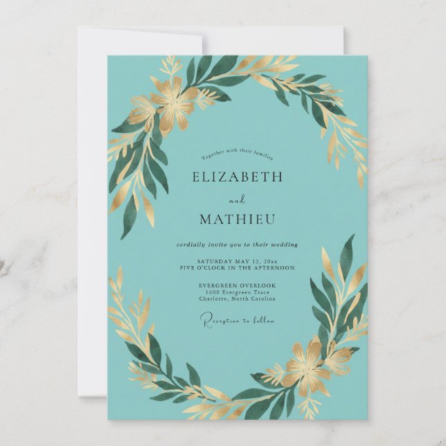 Aqua Gilded Foliage Eucalyptus Wedding Invitation (Front)