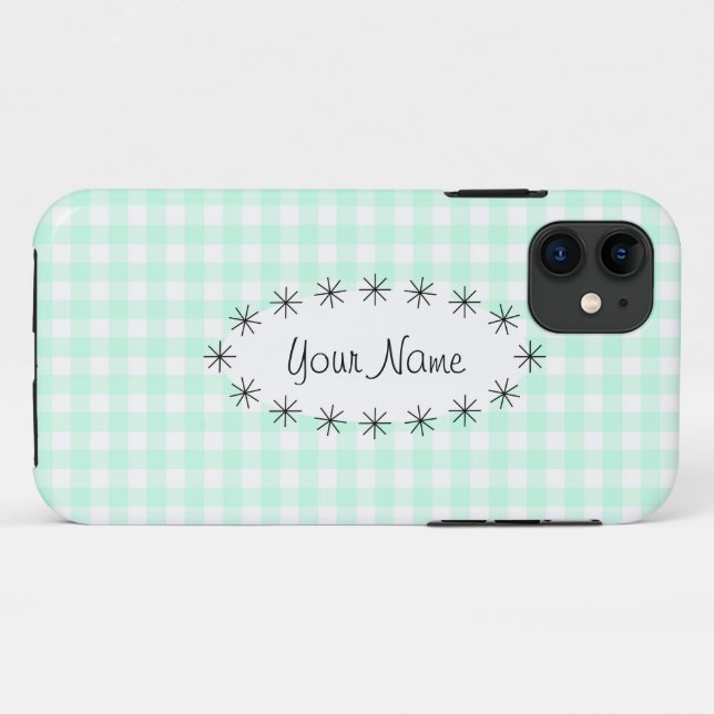 Aqua Gingham Check oval star 'Name' iPhone case (Back (Horizontal))