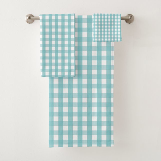 Aqua Gingham Check Pattern Bath Towel Set (Insitu)