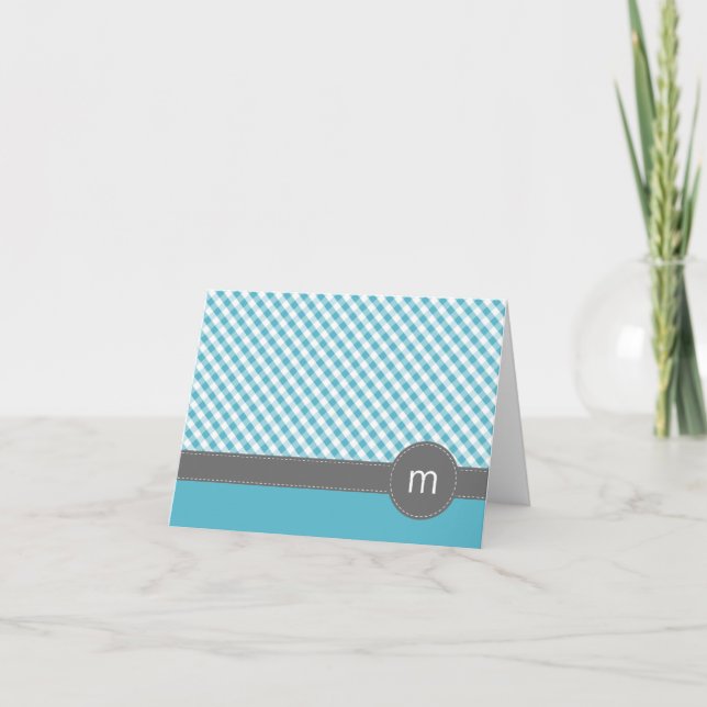Aqua Gingham Pattern Folded Note Cards (Front)